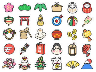 いろいろな、正月アイコン（線画カラー）のイラストセット