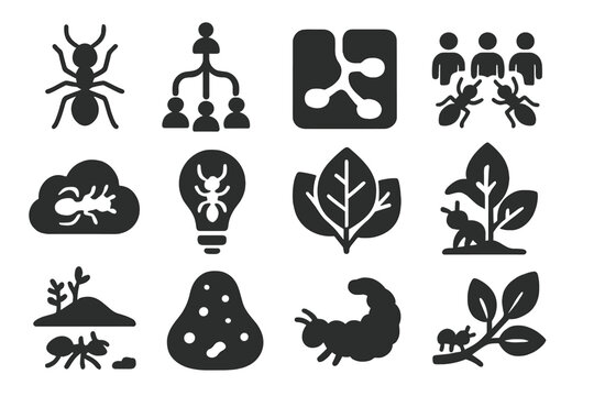 Insect Iconography. Solid style icons of Insect inspiration: ant sketch, colony diagram, tunnel layout, teamwork plan, creative