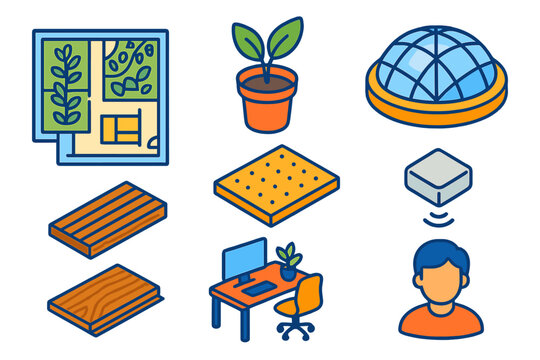 Eco-Friendly Office Design. Isometric vector illustration set Eco construction – biophilic design plan, interior plant pot,