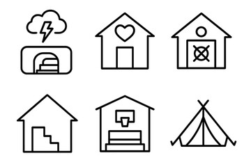 Shelter Icons. Line style icons of shelter and safe zones: storm shelter icon, community center refuge, indoor safe room, basement