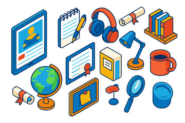 Online Learning Tools. Isometric vector illustration set Online Education and Learning Tools: e-learning platform on tablet,