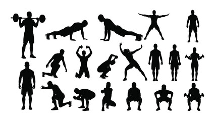 Workout and fitness exercise silhouettes isolated on transparent background, Vector