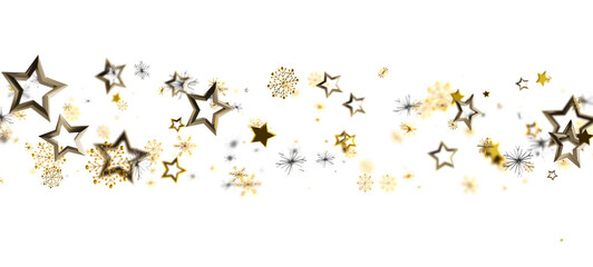 Elegant golden stars and snowflakes floating against a clean white background, perfect for Christmas, New Year and celebrations. Great for desig