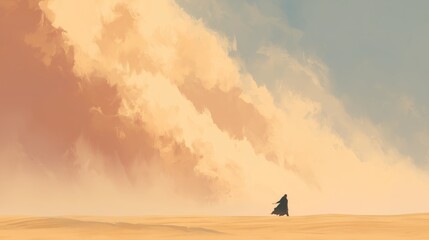 Lone Wanderer Traversing Vast Golden Desert Landscape