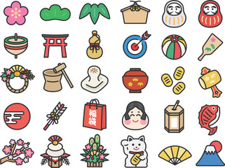 いろいろな、正月アイコン（線画カラー）のイラストセット