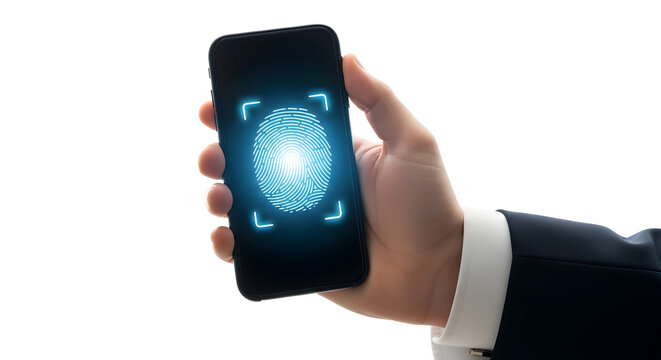 Smartphone security with a glowing fingerprint scan on its screen held in a person's hand
