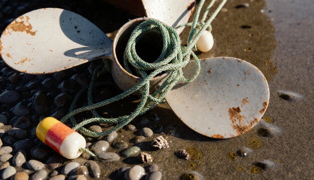 Old boat propeller rests among pebbles on a quiet beach during golden hour Generative AI