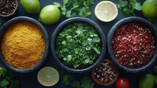 Fresh herbs and colorful spices are displayed in bowls, inviting creativity in meal preparation and culinary adventures