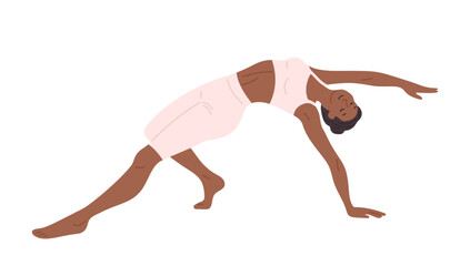 Woman practicing yoga Pilates exercise cartoon illustration. Young girl trains the abdominal muscles, stretching, balance relaxation. Healthy lifestyle fitness, wellness meditation concept flat style