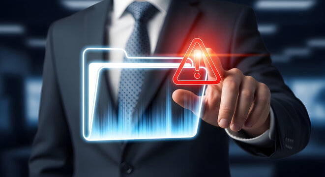 Business Security Threat Alert with Digital Folder and Warning Icon - Powered by Adobe