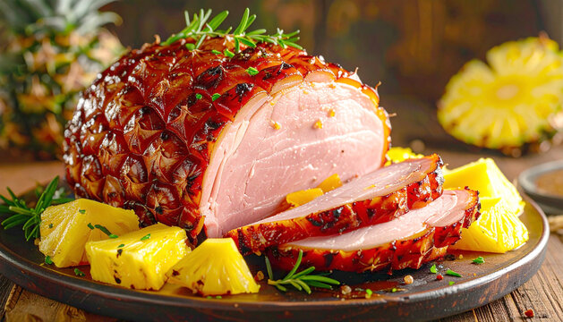Brown sugar and pineapple glazed ham, closeup. AI - Powered by Adobe