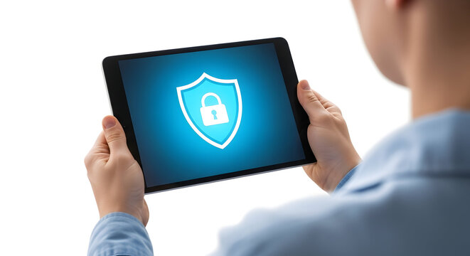 Tablet screen displays a glowing blue shield icon with a padlock, symbolizing digital security and data protection