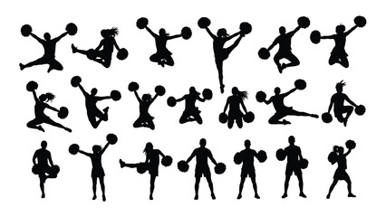 Cheerleader silhouettes poses collection isolated on transparent background, Vector