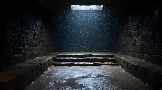 A dark ancient stone chamber with steps illuminated by light from above with water dripping down onto a wet floor