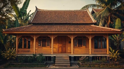 A beautifully crafted traditional Indonesian wooden house on stilts, showcasing classic Javanese or Betawi architecture in a lush tropical setting