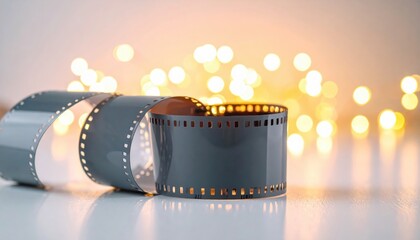 Close-up of an unrolled reel of photographic film with glowing lights behind.