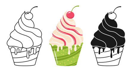 Ice cream symbol cartoon set. Fruit cherry gelato scoop melting dripping ice cream illustration. Summer dessert liquid Ice cream scoop linear doodle icon. Vector design hand drawn sweet stylized sign