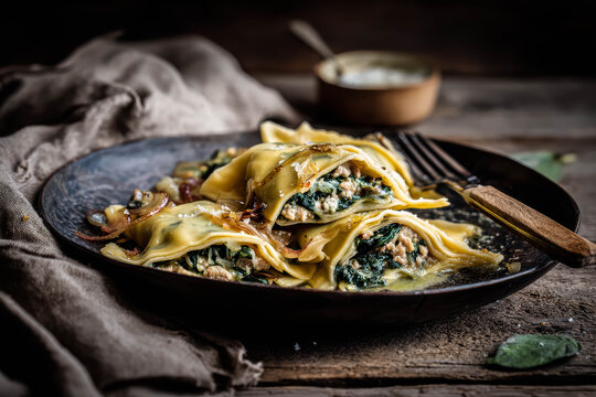 Traditional German Maultaschen Cut Open With Meat And Spinach Filling Served With Caramelized Onions And Butter For Restaurant Use. Traditional German Maultaschen
