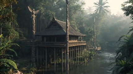 Detailed Riverfront Dayak Longhouse Intricate Architecture and Cultural Richness