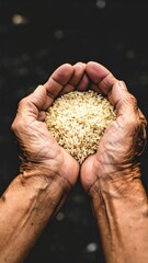 Elderly hands cupped together holding a handful of uncooked rice grains.