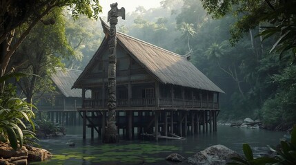Experience the mystical beauty of traditional indigenous stilt houses nestled deep within a lush, misty tropical rainforest, reflecting timeless cultural heritage upon tranquil river waters