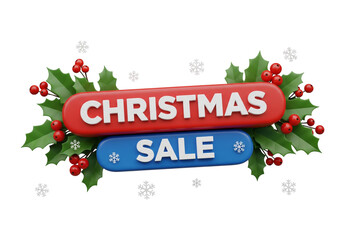 3D Christmas Sale Promotion Banner with Festive Holly and Snowflakes on White Background