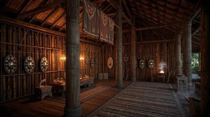 Spacious interior of an ancient wooden longhouse or mead hall, showcasing traditional timber construction, massive support pillars, and decorative shields