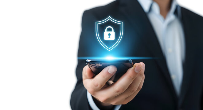Cybersecurity concept of a smartphone protected by a shield icon representing digital security and data protection