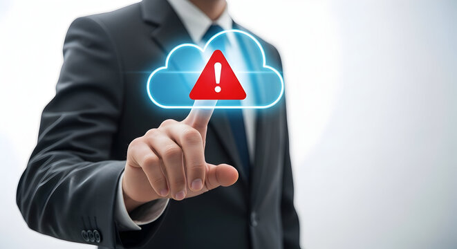 Businessman points at a cloud icon with a warning symbol, indicating a cloud computing alert or data security issue
