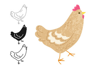 Chicken symbol cartoon set. Hen, rooster chick comic birds character linear doodle icon. Abstract childish hand drawn poultry farm domestic bird outline hand drawn vector illustration