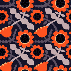 Dark seamless folk art floral pattern with striking orange doodle flowers and elegant gray leaves on a navy background.