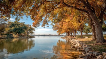 Fototapeta premium White Rock Lake Dallas: Tranquil Waterfront Scene with Autumn Trees in a Nature Park