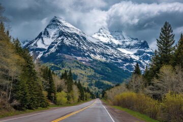 Fototapeta premium Wide Glacier National Park. Highway to the Glaciers - Cloudy Spring Morning View of U.S. Route 89 Extending towards Snow-Capped High Mountain Peaks and Evergreen Forests