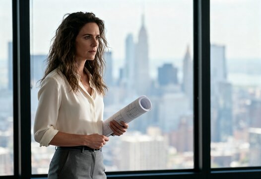 A professional architect holding a blueprint in a modern office. Businesswoman looking at the city skyline from a window. Corporate vision and urban development concept
