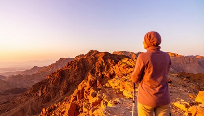 Hiker with trekking poles watching a beautiful sunrise over a vast mountain range.