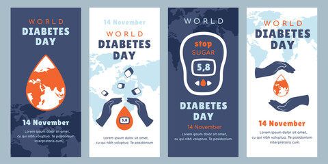 World Diabetes Day. Set of posters with glucometer, human hands and drop of blood. People raising awareness about diabetes. Unity, prevention, global health concept. World map with lettering. Vector