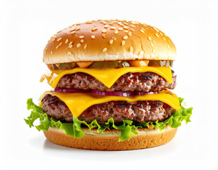 Stacked cheeseburger, two beef patties, with cheese, white background. AI