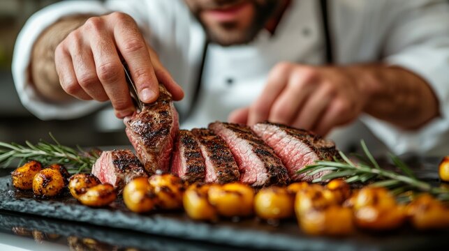 A skilled chef neatly arranges tender steak with roasted potatoes, highlighting culinary expertise and precision