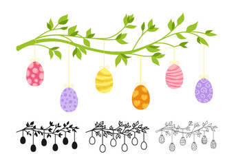 Branch with Easter eggs symbol cartoon set. Happy Easter decoration flat hand drawn linear doodle icon. Simple stylized sign, vector illustration isolated on white background