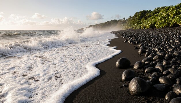 Waves crash on a black pebble beach under a cloudy sky at sunset, creating a serene atmosphere Generative AI - Powered by Adobe