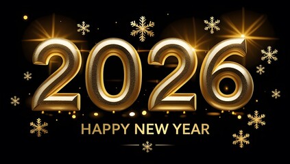 Golden 2026 happy new year celebration with snowflakes and sparkles