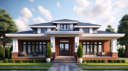 Dreamy suburban brick home with inviting porch perfect for family life, showcasing modern architecture and lush landscaping, ideal for real estate marketing