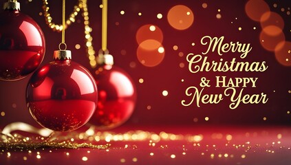 Festive red christmas ornaments with merry christmas and happy new year message