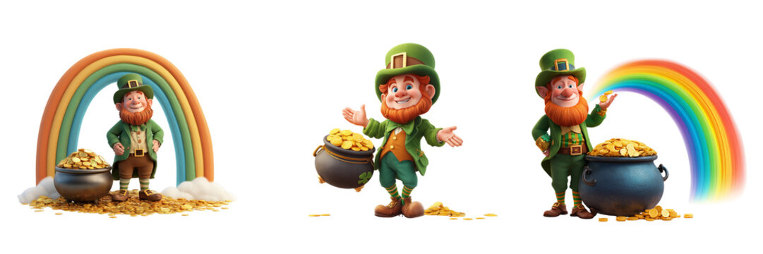 Set of A mischievous leprechaun guarding a pot of gold at the end of a rainbow on transparent png background. Ai generated