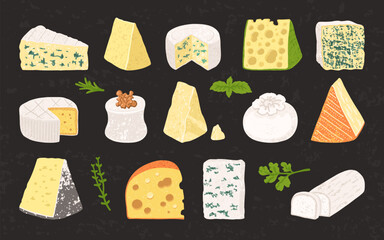 Cartoon style Cheese set illustration with grunge texture. Different types of cheese Brie, Camembert, Swiss cheese with holes, Parmesan. Fun hand drawn vector art design on dark background