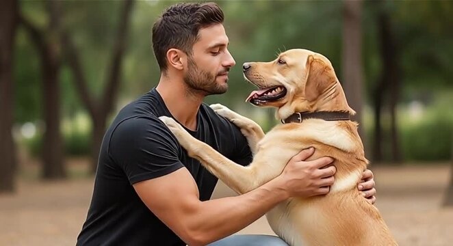 Heartwarming slow-motion video of a man tenderly hugging his joyful golden retriever outdoors, capturing the deep bond and unconditional love between human and pet.