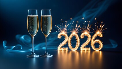Champagne glasses and glowing 2026 numbers with fireworks for new year celebration