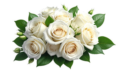 A realistic PNG of a bouquet of white roses, neatly arranged with soft petals and fresh greenery.
