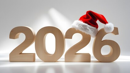 Wooden numbers 2026 decorated with a santa hat for christmas celebration