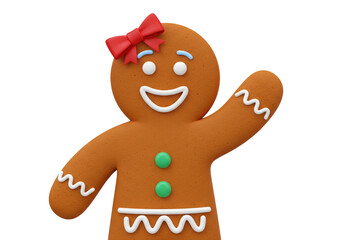Obraz premium Smiling Gingerbread Girl Waving with Red Bow - Festive 3D Character for Christmas and Holiday Cheer